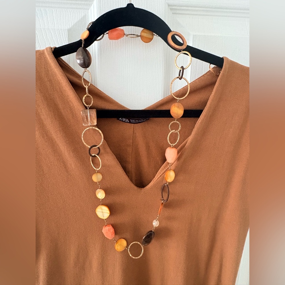 Stella & Dot Mixed-Bead Necklace in Brown, Orange & Gold.